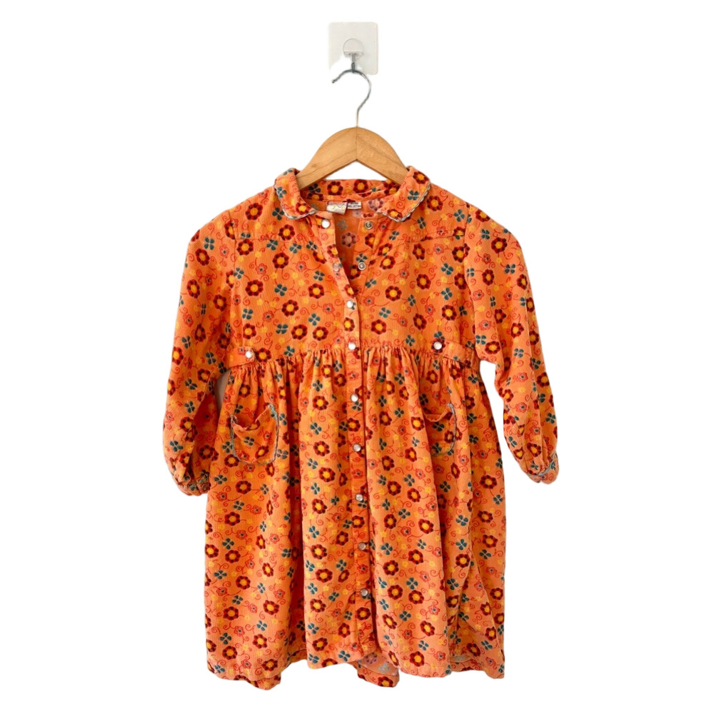 Zyno Girl’s 100% Cotton Bright Colorful Peachy Orange Floral Corduroy Dress 6X